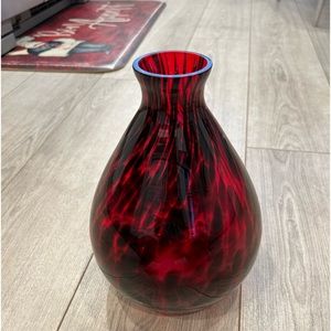 Black & Red Glass Bulbous Vase 9 3/4” H, 2 1/4” Opening Diameter, 7” @ Widest Pt